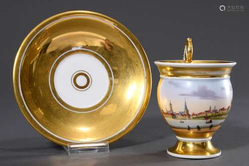 Richly gilded Empire porcelain cup/saucer with finely painte...