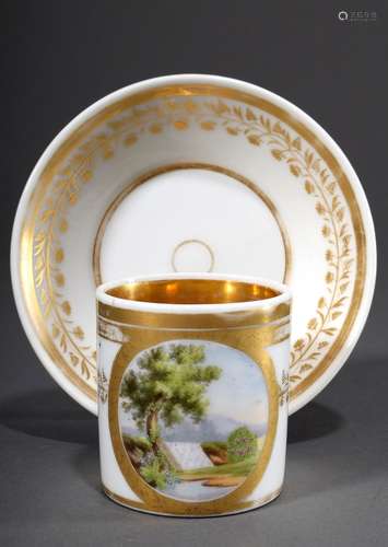 Biedermeier porcelain view cup/saucer with polychrome painti...