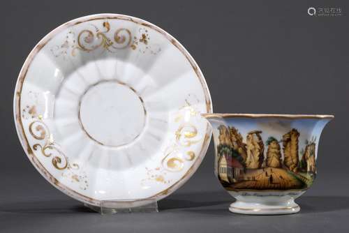 Biedermeier porcelain view cup/saucer with polychrome painti...