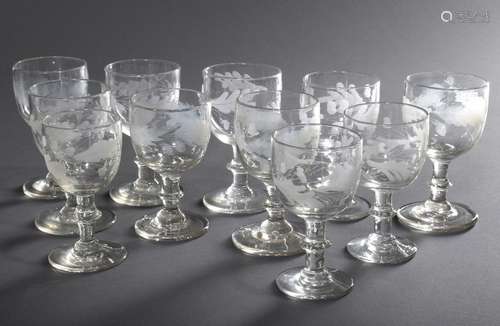 11 various Biedermeier glasses with vine leaves cut and pain...