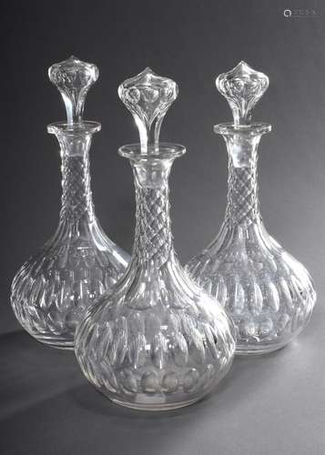 3 carafes with olive cut, colorless glass, h. 28/28.5cm, par...