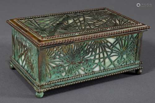 Tiffany box with green-white malachite glass in floral openw...