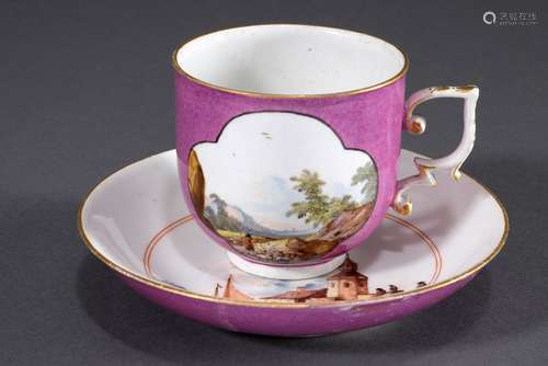 Meissen cup/saucer with fine polychrome painting in the mann...