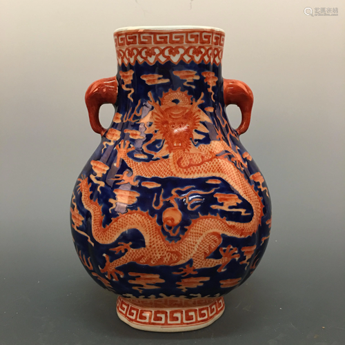 Chinese Iron Red Blue-White 'Dragon' Fanghu-Form Vase