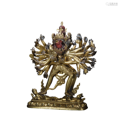 A gilt-bronze statue of Guhyasamaja,the 18th century