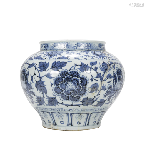 A blue and white 'floral' jar