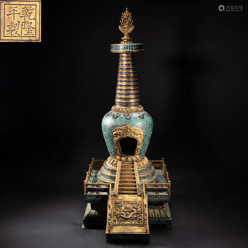 CHINESE ENAMELLED PAGODA WITH COPPER GILT FILAMENTS, QING DY...