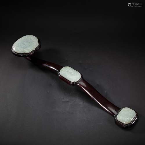 CHINESE ROSEWOOD INLAY HETIAN JADE RUYI, QING DYNASTY