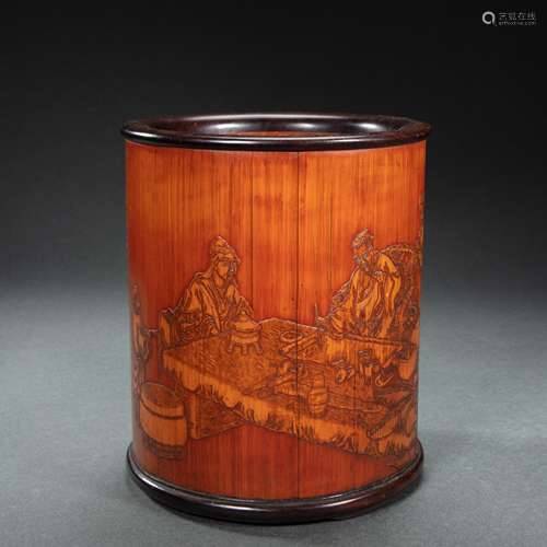 CHINESE BAMBOO CARVING CHARACTERS STORY PEN HOLDER, QING DYN...