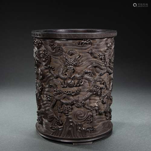 CHINESE ROSEWOOD DRAGON PATTERN PEN HOLDER FROM QING DYNASTY