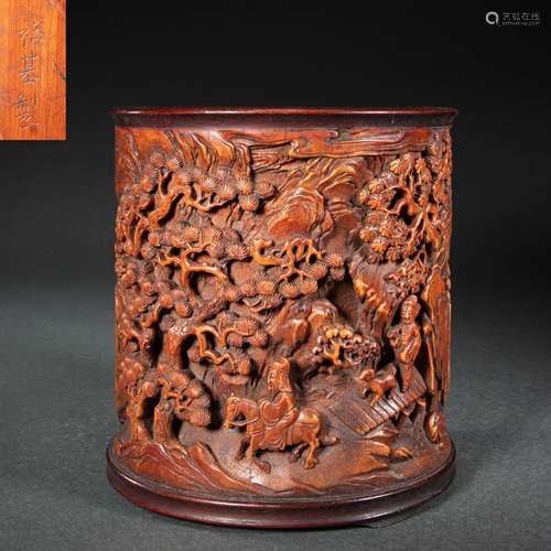 CHINESE BAMBOO CARVING PEN HOLDER BY YUJI