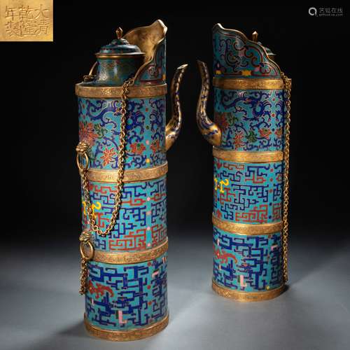 A PAIR OF CHINESE BRONZE GILT WIRE ENAMEL DOMU POT FROM QING...