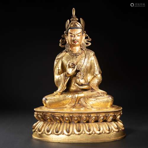 XIZANG GILT BRONZE PADMASAMBHAVA BUDDHA STATUE FROM QING DYN...