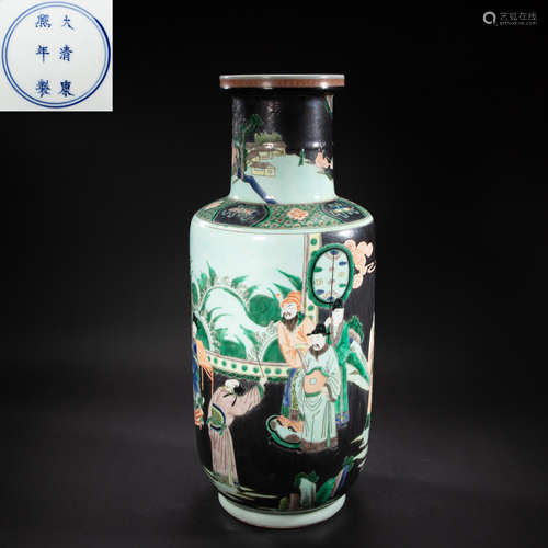 CHINESE FAMILLE ROSE PORCELAIN FIGURE STORY VASE, QING DYNAS...