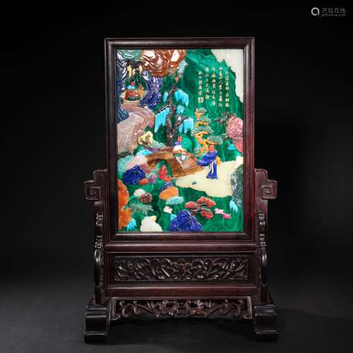 CHINESE MALACHITE INLAID GEMSTONE SCREEN, QING DYNASTY