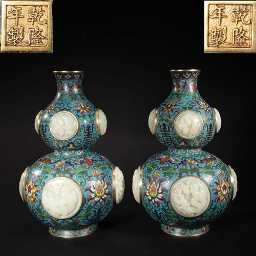 A PAIR OF CHINESE ENAMEL GILT COPPER INLAID WITH WHITE JADE ...