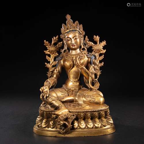 XIZHANG GILT BRONZE GREEN TARA BUDDHA, QING DYNASTY, CHINA