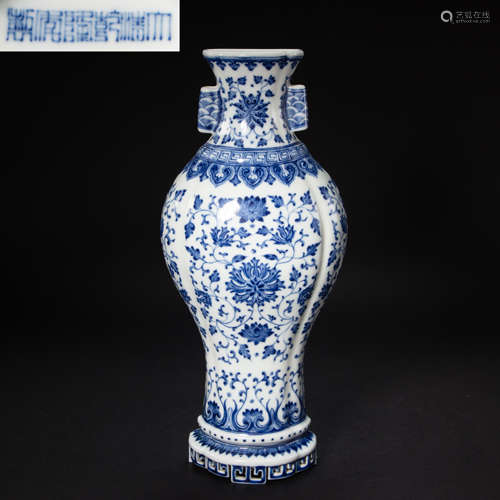 CHINESE BLUE AND WHITE PORCELAIN VASE WITH TWO EARS FROM QIN...