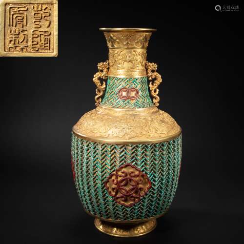 CHINESE GILT BRONZE INLAID WITH TURQUOISE DRAGON EAR VASE FR...