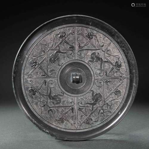 CHINESE BRONZE MAGPIE MONKEY MIRROR, WARRING STATES PERIOD