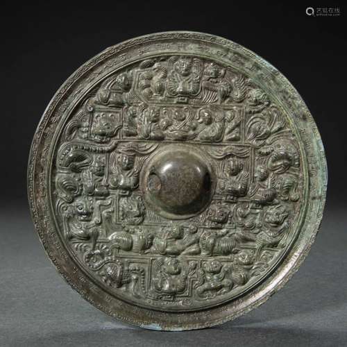 CHINESE BRONZE FIGURES STORY MIRROR, WESTERN JIN DYNASTY