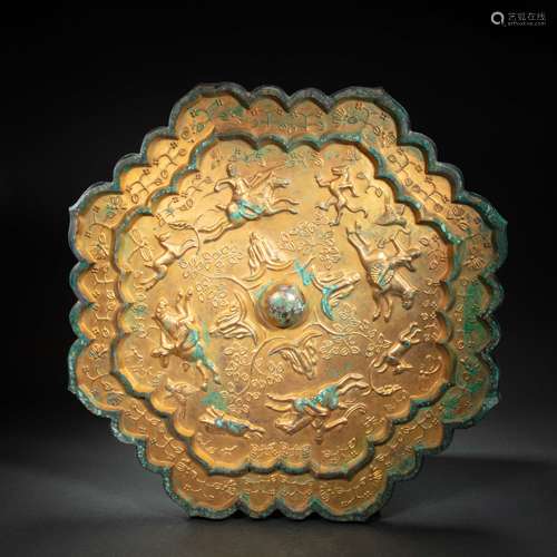 CHINESE GILT BRONZE HUNTING MIRROR, TANG DYNASTY