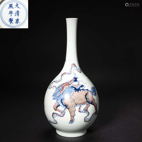 CHINESE BLUE AND WHITE UNDERGLAZED RED PORCELAIN BOTTLE, QIN...