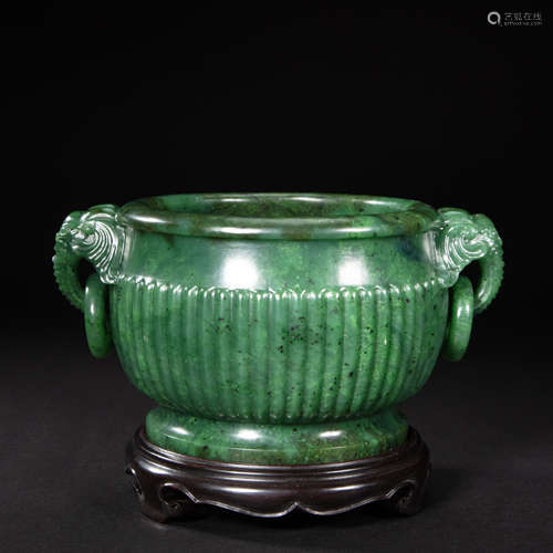 CHINESE HETIAN JASPER ELEPHANT EAR INCENSE BURNER, QING DYNA...