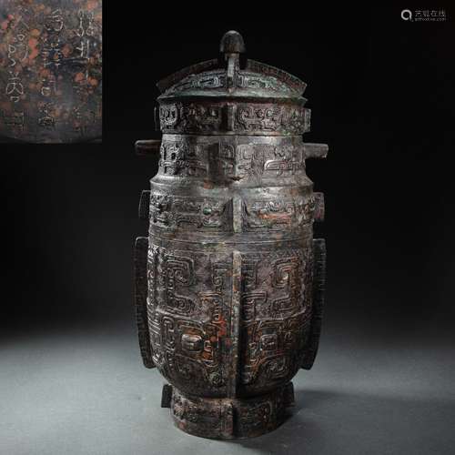 CHINESE BRONZE ANIMAL FACE GRAIN WINE VESSEL, SHANG DYNASTY