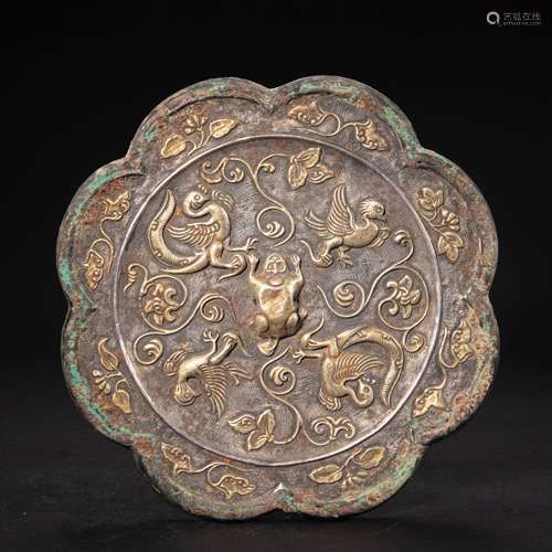 CHINESE BRONZE INLAID WITH SILVER GILT GOLD PHOENIX BIRD MIR...