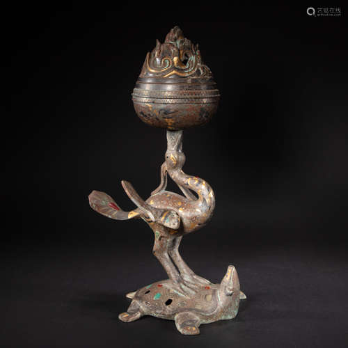 CHINESE BRONZE CENSER WITH GOLD AND SILVER INLAID WITH PRECI...