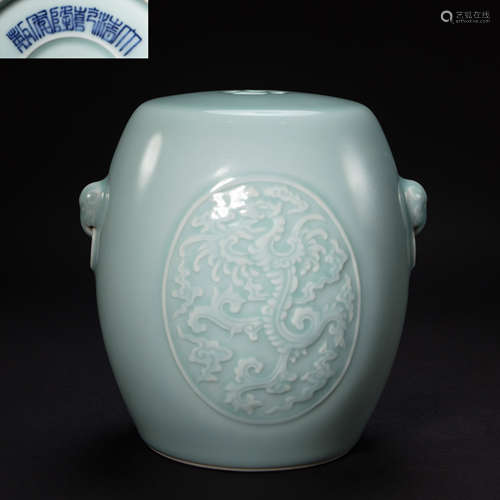 CHINESE BEAN GREEN GLAZED PORCELAIN ENGRAVED WITH PHOENIX PA...