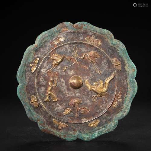 CHINESE BRONZE SILVER GILT MIRROR FROM TANG DYNASTY