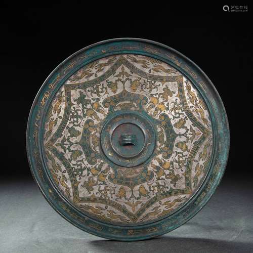 CHINESE BRONZE MIRROR INLAID WITH GOLD AND SILVER, HAN DYNAS...