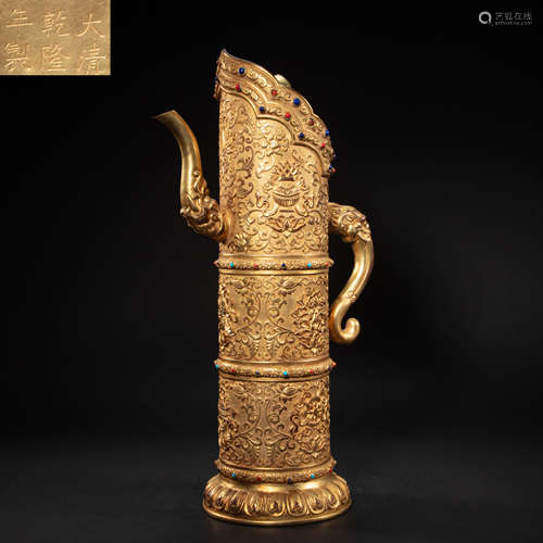 CHINESE GILT BRONZE INLAID WITH GEMSTONES DOMU POT, QING DYN...