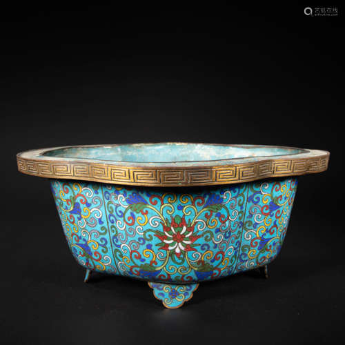 CHINESE ENAMELLED FLOWERPOT WITH COPPER TIRE AND WIRE PINCH,...