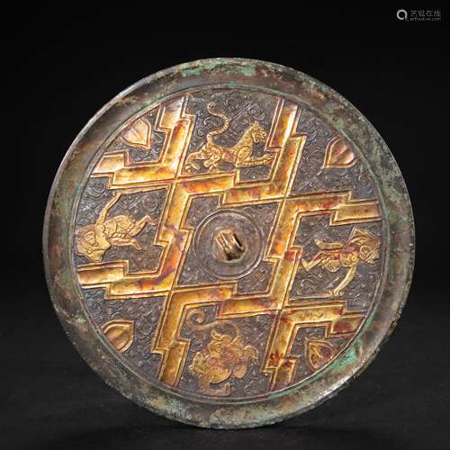 CHINESE BRONZE SILVER GILT MIRROR FROM HAN DYNASTY