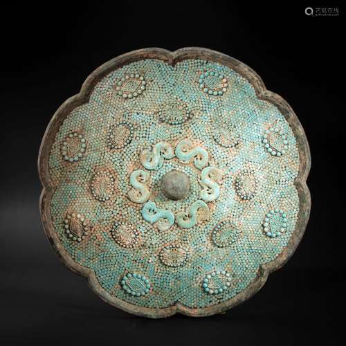 CHINESE BRONZE INLAID TURQUOISE MIRROR FROM TANG DYNASTY