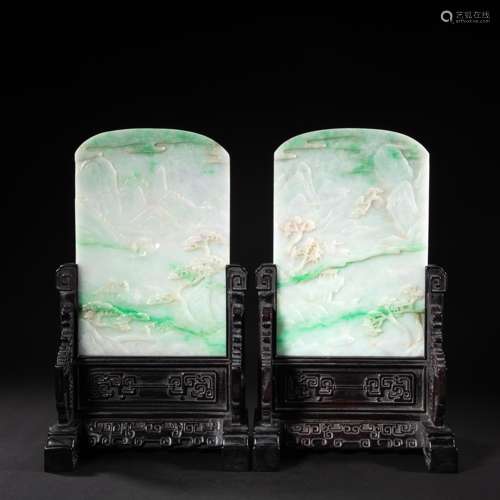 A PAIR OF CHINESE IMPERIAL COURT JADE SCREEN INSERTS FROM QI...