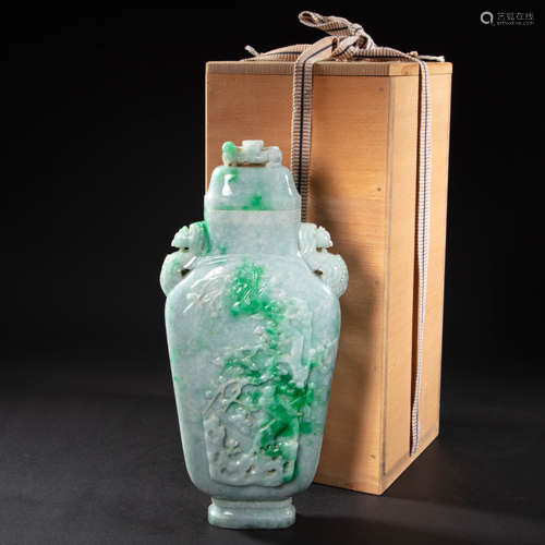 CHINESE IMPERIAL COURT JADE FLOWER AND BIRD VASE, QING DYNAS...