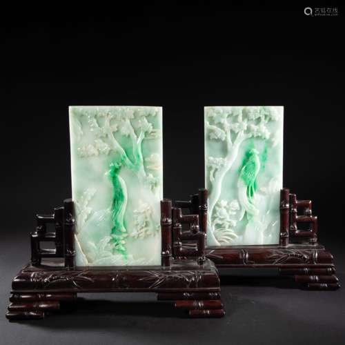 CHINESE IMPERIAL COURT JADE FLOWER AND BIRD SCREEN, QING DYN...