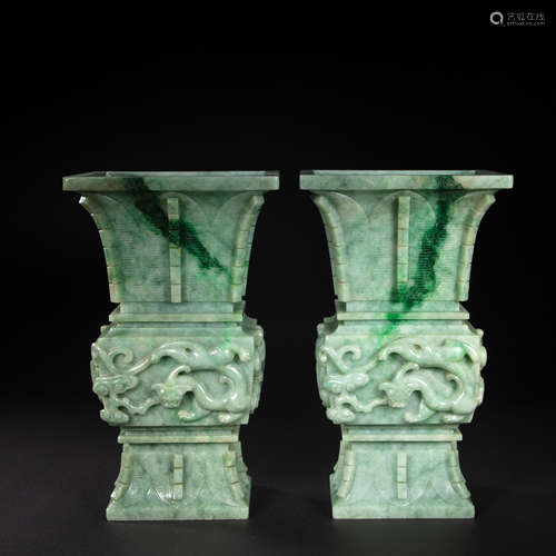 A PAIR OF CHINESE IMPERIAL COURT JADE DRAGON VASE FROM QING ...