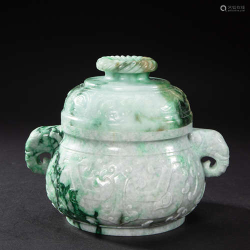 CHINESE IMPERIAL COURT JADE INCENSE BURNER WITH ELEPHANT EAR...