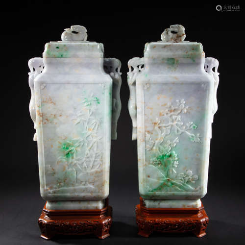 A PAIR OF CHINESE IMPERIAL COURT JADE VASES FROM QING DYNAST...