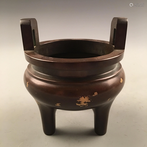 Chinese Bronze Gilt Dots Tripod Censer