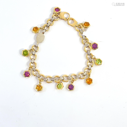 Italian gold bracelet with multi color gem stones