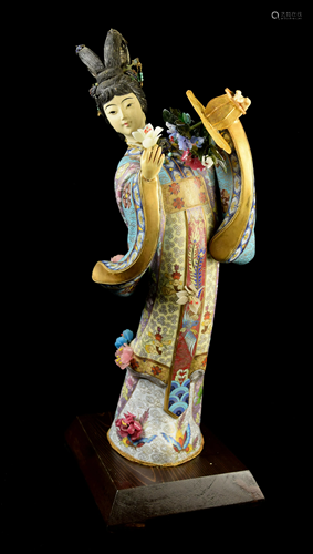 [Chinese] An Old Cloisonne and Jade Sculpture of Lin