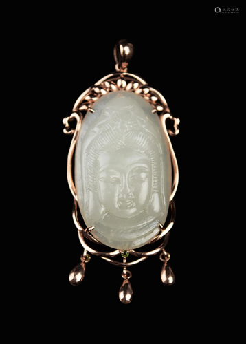 9K Rose Gold Framed Hotan Jade Guanyin's Face Pendant