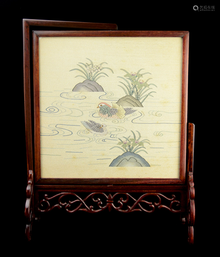 A Framed Old Chinese Hand Woven Art of a Pair of