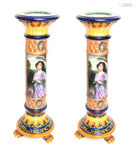 A Pair of Majolica Polychrome Pedestals